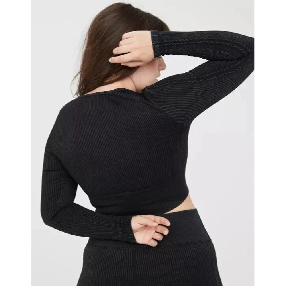 OFFLINE Aerie Seamless Cable Cropped Acid Wash Top Sz S Black Long Sleeve New